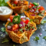['Close-up of Mini Wonton Taco Cups filled with beef and topped with fresh ingredients.', 'Side view of delicious Mini Wonton Taco Cups garnished with diced tomatoes and lettuce.', 'Juicy Mini Wonton Taco Cups served on a plate with toppings like sour cream and jalapeños.', 'Mini Wonton Taco Cups featuring a crispy shell and colorful pico de gallo toppings.']