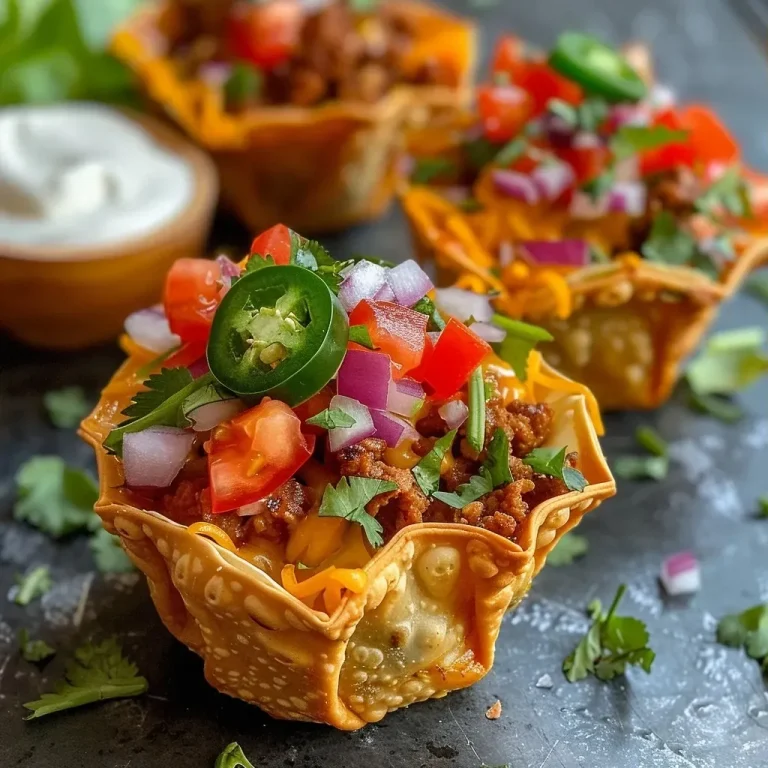['Close-up of Mini Wonton Taco Cups filled with beef and topped with fresh ingredients.', 'Side view of delicious Mini Wonton Taco Cups garnished with diced tomatoes and lettuce.', 'Juicy Mini Wonton Taco Cups served on a plate with toppings like sour cream and jalapeños.', 'Mini Wonton Taco Cups featuring a crispy shell and colorful pico de gallo toppings.']