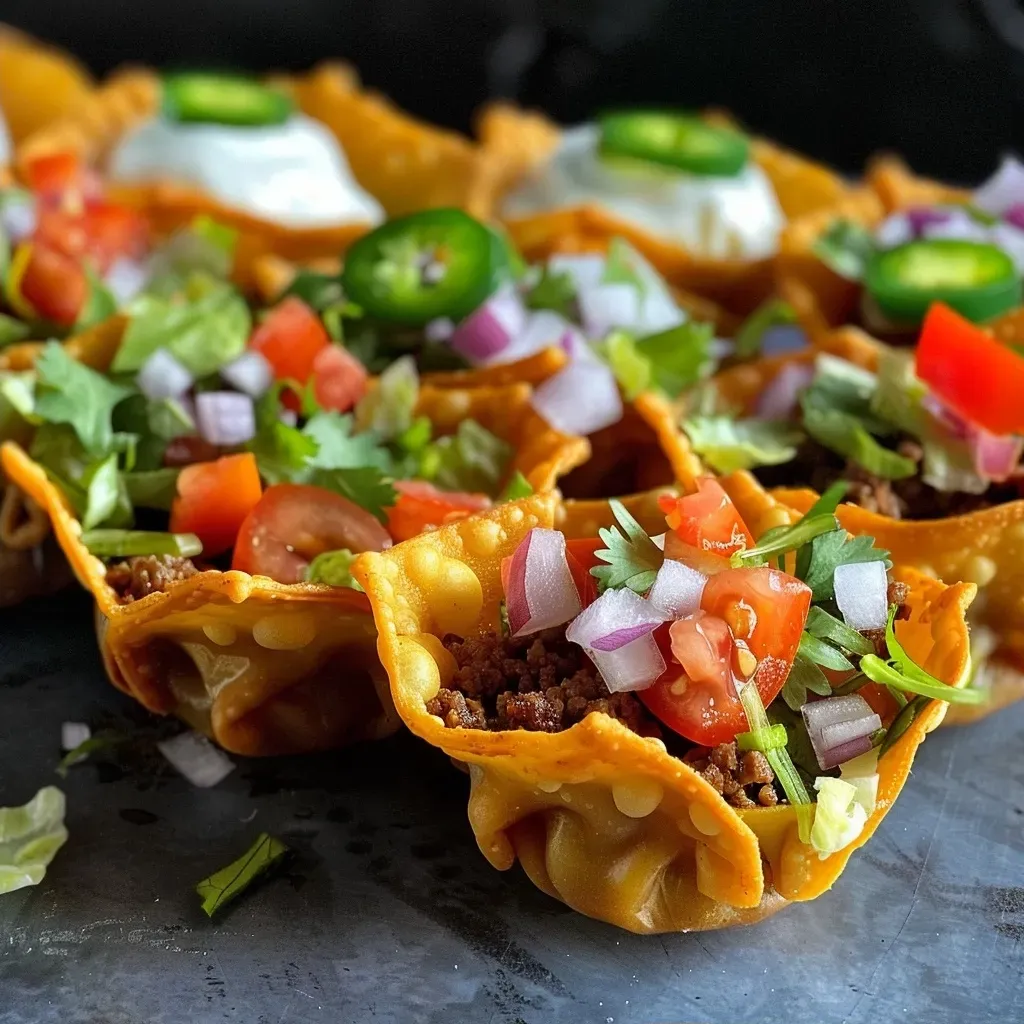 ['Close-up of Mini Wonton Taco Cups filled with beef and topped with fresh ingredients.', 'Side view of delicious Mini Wonton Taco Cups garnished with diced tomatoes and lettuce.', 'Juicy Mini Wonton Taco Cups served on a plate with toppings like sour cream and jalapeños.', 'Mini Wonton Taco Cups featuring a crispy shell and colorful pico de gallo toppings.']