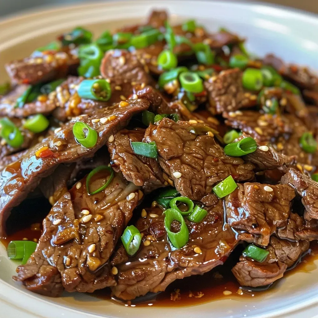 ['Close-up view of juicy Mongolian beef garnished with green onions.', 'Side angle of tender Mongolian beef with a glossy sauce on a plate.', 'Succulent slices of flank steak in a rich brown sauce, featuring garlic and ginger.', 'Vibrant presentation of Mongolian beef, highlighting its savory ingredients.']