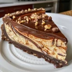 ['A slice of no-bake Nutella cheesecake showing creamy layers on a biscuit crust.', 'Close-up side view of Nutella cheesecake topped with melted Nutella and chopped hazelnuts.', 'A rich, creamy Nutella cheesecake with a golden biscuit base and decadent toppings.', 'Side view of a delicious no-bake Nutella cheesecake with a smooth texture and hazelnut garnish.']