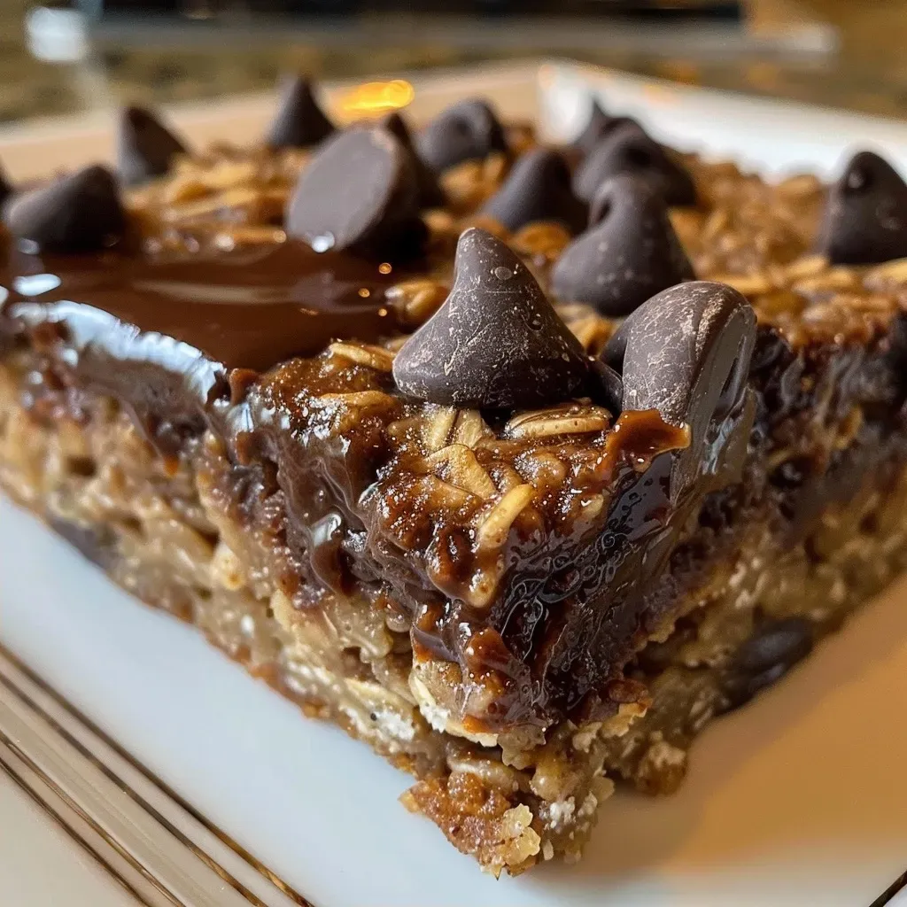 ['Close-up of gooey oatmeal fudge bars with chocolate chips.', 'Side view of luscious oatmeal fudge bars with a rich chocolate layer.', 'Tasty oatmeal fudge bars showcasing a soft, chewy texture and chocolate.', 'Deliciously crafted oatmeal fudge bars with melted chocolate on top.']