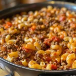 ['Close-up view of a steaming bowl of Old Fashioned Goulash with ground beef and macaroni.', 'Side view of a hearty plate of Old Fashioned Goulash showcasing its rich ingredients and textures.', 'Juicy Old Fashioned Goulash in a bowl, featuring ground beef, vegetables, and elbow macaroni.', 'Detailed close-up of Old Fashioned Goulash, highlighting its savory elements and melted cheese on top.']