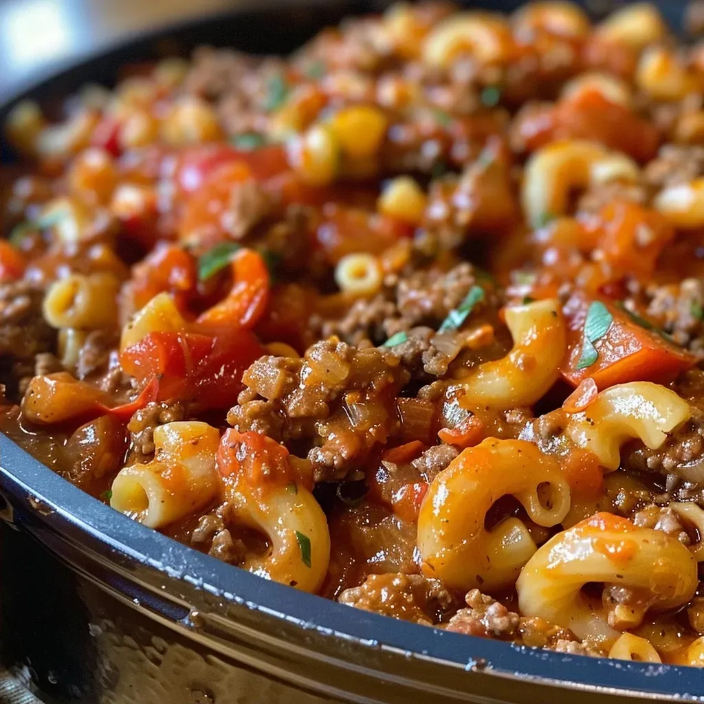 ['Close-up view of a bowl of Old Fashioned Goulash with beef and pasta.', 'Juicy Old Fashioned Goulash featuring ground beef, elbow macaroni, and cheese.', 'Side view of Old Fashioned Goulash, highlighting its rich tomato sauce and melted cheese.', 'Delicious Old Fashioned Goulash served in a bowl with visible ingredients like ground beef and macaroni.']
