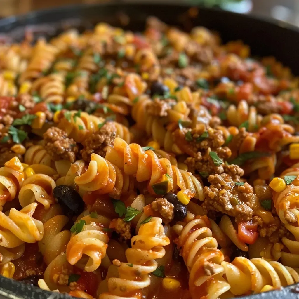 Close-up view of a bowl of One Pot Beef Taco Pasta topped with cheese and jalapeños.