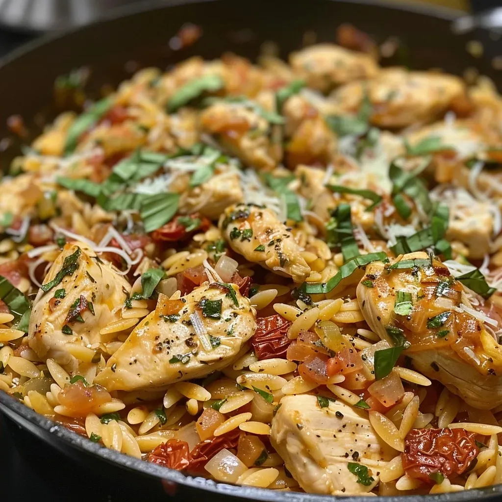 ['Close-up view of One Pot Marry Me Chicken Orzo with chicken pieces and herbs.', 'Juicy chicken and orzo dish garnished with fresh basil and sun-dried tomatoes.', 'A delicious bowl of orzo and chicken in creamy sauce, topped with Parmesan.', 'Side view of a vibrant One Pot Marry Me Chicken Orzo, showcasing ingredients and texture.']