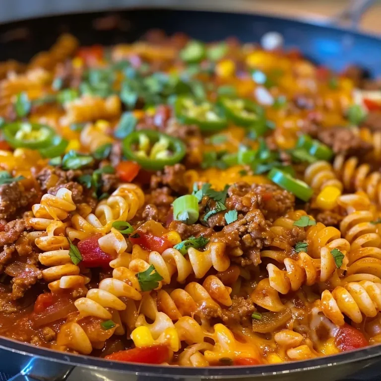 ['A close-up side view of a beefy enchilada pasta casserole, showcasing melted cheese on top.', 'Juicy One-Skillet Beefy Enchilada Pasta Casserole, with colorful vegetables visible in the dish.', 'A hearty casserole dish filled with beefy enchilada pasta, garnished with chopped scallions.', 'Side view of a delicious pasta casserole, highlighting its creamy texture and vibrant ingredients.']