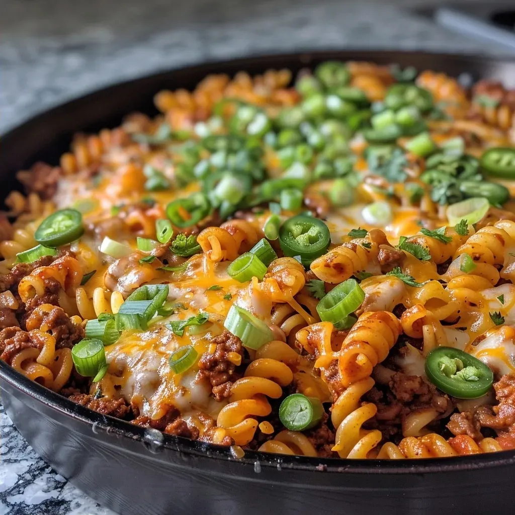 ['A close-up side view of a beefy enchilada pasta casserole, showcasing melted cheese on top.', 'Juicy One-Skillet Beefy Enchilada Pasta Casserole, with colorful vegetables visible in the dish.', 'A hearty casserole dish filled with beefy enchilada pasta, garnished with chopped scallions.', 'Side view of a delicious pasta casserole, highlighting its creamy texture and vibrant ingredients.']