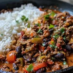 ['Close-up view of One-Skillet Smoky Honey Chili Beef Rice in a bowl.', 'Juicy One-Skillet Smoky Honey Chili Beef Rice with visible spices and beans.', 'Side view of a colorful One-Skillet Smoky Honey Chili Beef Rice dish.', 'Handheld close-up of a serving of Smoky Honey Chili Beef Rice with steam.']