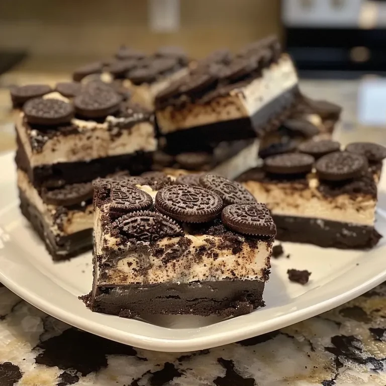['Close-up view of creamy Oreo cheesecake bars with a glossy chocolate drizzle.', 'Side view of Oreo cheesecake bars, showcasing layers with crushed Oreos and a crumbly crust.', 'Delicious Oreo cheesecake bars arranged on a plate, highlighting their rich texture and toppings.', 'Golden-brown edges of Oreo cheesecake bars with visible chunks of Oreo cookies on top.']