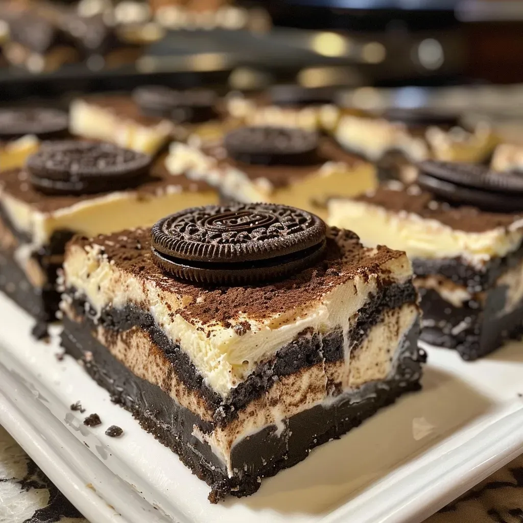 ['Close-up view of creamy Oreo cheesecake bars with a glossy chocolate drizzle.', 'Side view of Oreo cheesecake bars, showcasing layers with crushed Oreos and a crumbly crust.', 'Delicious Oreo cheesecake bars arranged on a plate, highlighting their rich texture and toppings.', 'Golden-brown edges of Oreo cheesecake bars with visible chunks of Oreo cookies on top.']