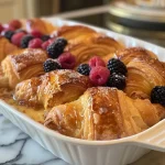['Close-up side view of a golden-brown Overnight Croissant French Toast Casserole topped with mixed berries.', 'A delicious Overnight Croissant French Toast Casserole featuring layers of croissants and fresh berries, presented on a plate.', 'A side view of baked Overnight Croissant French Toast Casserole with a rich custard texture and berry toppings.', 'Close-up shot showcasing a slice of Overnight Croissant French Toast Casserole adorned with vibrant mixed berries.']