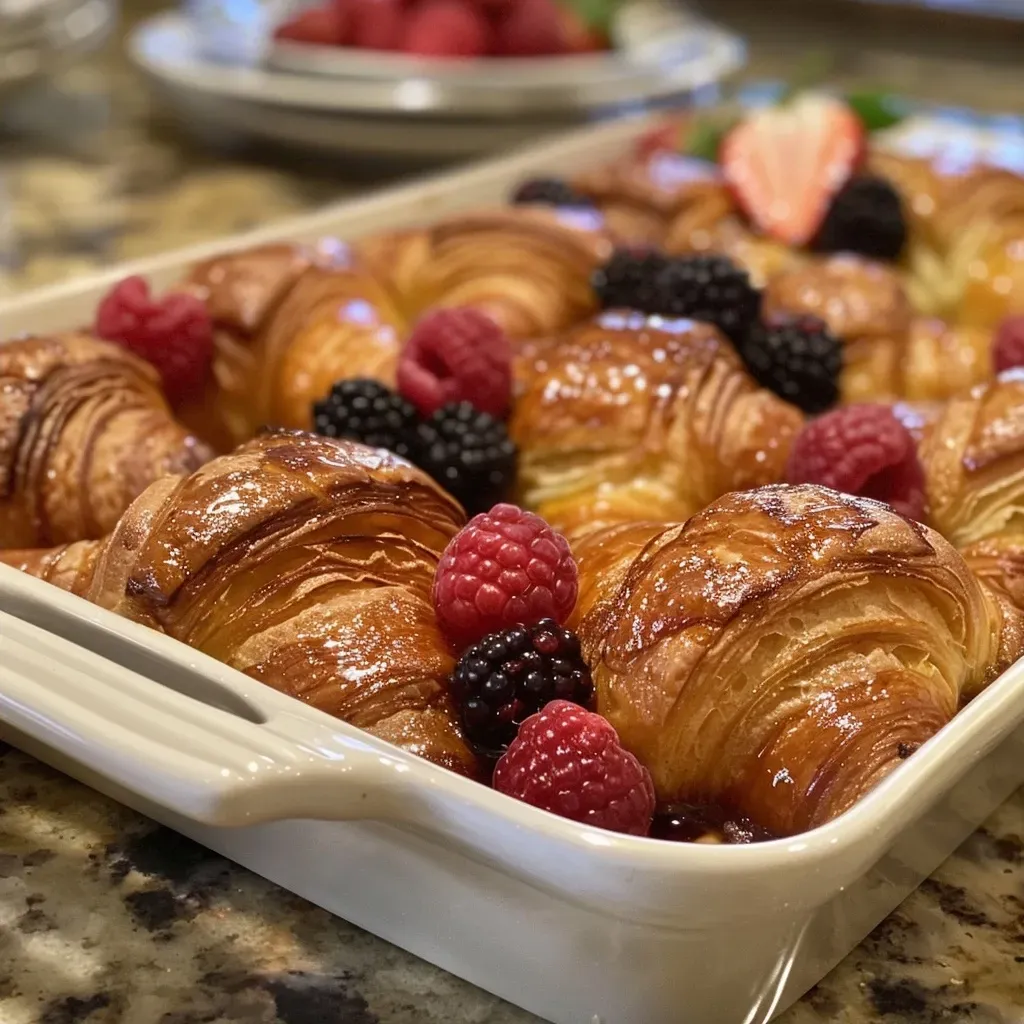 ['Close-up side view of a golden-brown Overnight Croissant French Toast Casserole topped with mixed berries.', 'A delicious Overnight Croissant French Toast Casserole featuring layers of croissants and fresh berries, presented on a plate.', 'A side view of baked Overnight Croissant French Toast Casserole with a rich custard texture and berry toppings.', 'Close-up shot showcasing a slice of Overnight Croissant French Toast Casserole adorned with vibrant mixed berries.']