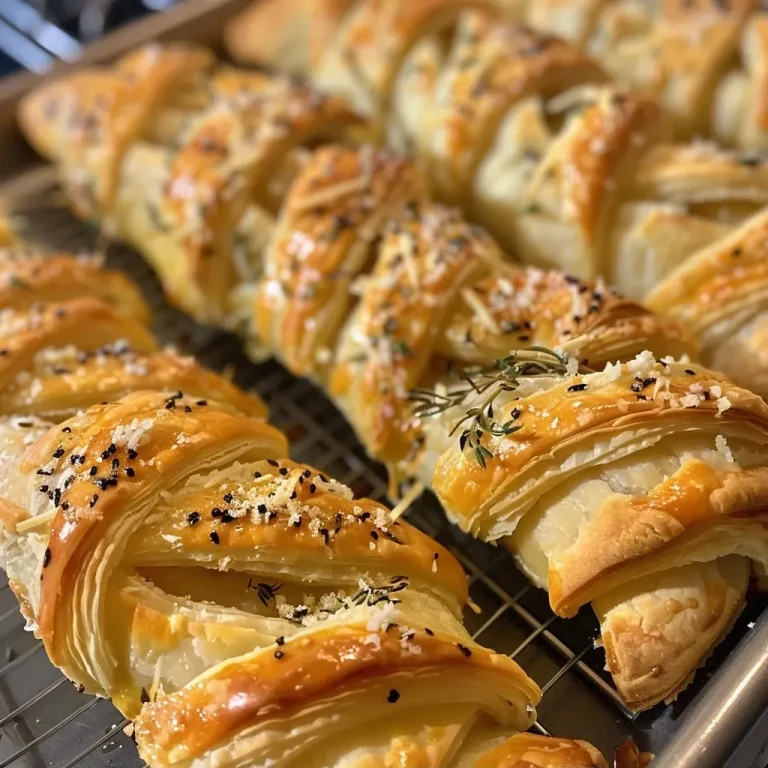 ['Close-up of golden-brown Parmesan Puff Twists on a wooden board.', 'Side view of flaky Parmesan Puff Twists sprinkled with sea salt.', 'Appetizing Parmesan Puff Twists arranged neatly on a plate.', 'Freshly baked Parmesan Puff Twists with melted cheese glistening.']