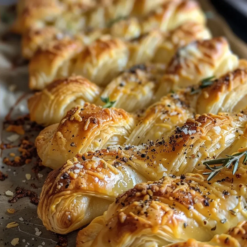 ['Close-up of golden-brown Parmesan Puff Twists on a wooden board.', 'Side view of flaky Parmesan Puff Twists sprinkled with sea salt.', 'Appetizing Parmesan Puff Twists arranged neatly on a plate.', 'Freshly baked Parmesan Puff Twists with melted cheese glistening.']