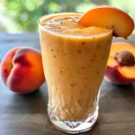 ['A close-up side view of a creamy peach smoothie in a clear glass, garnished with a slice of peach.', 'Vibrant peach smoothie with a thick texture, displayed in a glass, showcasing its fruity color.', 'A side view of a delicious peach smoothie, highlighting its smooth consistency and peach color.', 'Refreshing peach smoothie presented in a glass, featuring frozen peach pieces and a creamy top.']
