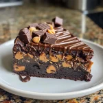 ['Close-up side view of a rich peanut butter flourless chocolate cake with chocolate chips and a glossy finish.', 'A moist slice of peanut butter flourless chocolate cake, showcasing layers of chocolate and peanut butter frosting.', 'Side view of a decadent flourless chocolate cake topped with chopped peanut butter cups and a drizzle of chocolate.', 'Close-up image of a peanut butter chocolate cake with a smooth surface and visible chocolate chips.']