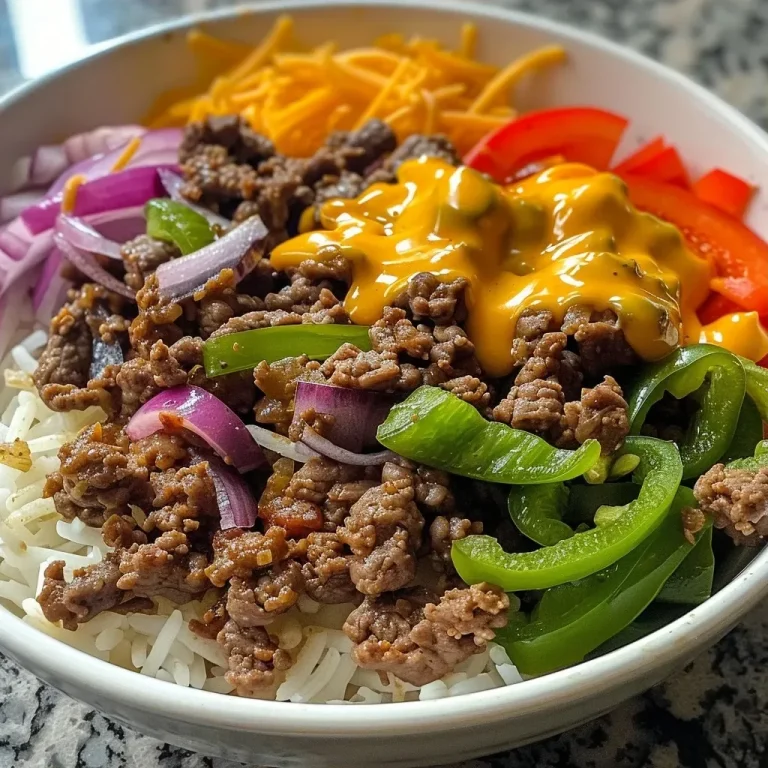 ['Close-up of a Philly Cheesesteak Bowl featuring ground beef and colorful bell peppers.', 'Side view of a hearty Philly Cheesesteak Bowl with rice, cheese, and veggies.', 'Juicy Philly Cheesesteak Bowl captured in detail, showcasing toppings and ingredients.', 'Detailed view of a Philly Cheesesteak Bowl filled with ground beef, onions, and peppers.']