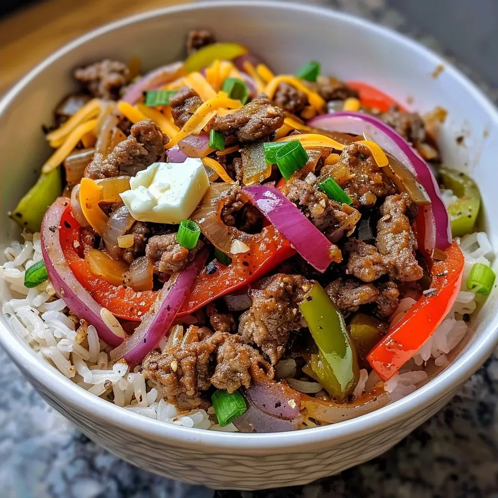Close-up of a Philly Cheesesteak Bowl featuring ground beef and colorful bell peppers.