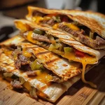 ['Close-up of a juicy Philly cheesesteak quesadilla showing melted cheese and sliced steak.', 'Side view of delicious quesadilla filled with steak and cheese, garnished with colorful bell peppers.', 'Mouthwatering image of a Philly cheesesteak quesadilla featuring golden-brown tortillas and melted cheddar.', 'Close-up shot of quesadilla cut into wedges, revealing savory steak and cheese filling.']