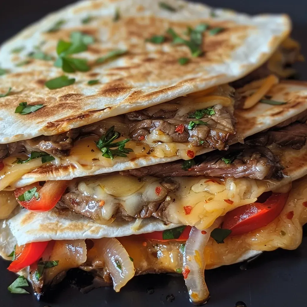['Close-up of a juicy Philly cheesesteak quesadilla showing melted cheese and sliced steak.', 'Side view of delicious quesadilla filled with steak and cheese, garnished with colorful bell peppers.', 'Mouthwatering image of a Philly cheesesteak quesadilla featuring golden-brown tortillas and melted cheddar.', 'Close-up shot of quesadilla cut into wedges, revealing savory steak and cheese filling.']