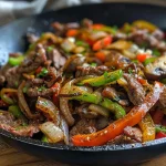 ['Close-up view of a sizzling Philly Cheesesteak Skillet with colorful vegetables and melted cheese.', 'Side shot of a Philly Cheesesteak Skillet showcasing sliced steak, peppers, and cheese.', 'Juicy Philly Cheesesteak Skillet featuring mushrooms and onions, captured with vibrant colors.', 'Detailed image of a Philly Cheesesteak Skillet with steak, peppers, and gooey cheese on top.']