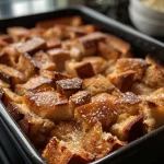 ['Close-up of a slice of Protein Packed Overnight French Toast Bake with a golden-brown crust and topped with fresh berries.', 'Side view of a baked French toast dish, showing layers of fluffy bread and cottage cheese, garnished with sliced bananas and nuts.', 'Juicy serving of Protein Packed Overnight French Toast Bake, highlighting its moist texture and rich toppings on a plate.', 'Detailed view of a French toast bake, showcasing the ingredients like eggs and maple syrup, with a rustic baking dish in the background.']