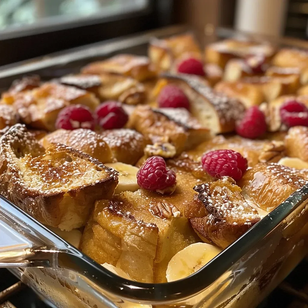 ['Close-up of a slice of Protein Packed Overnight French Toast Bake with a golden-brown crust and topped with fresh berries.', 'Side view of a baked French toast dish, showing layers of fluffy bread and cottage cheese, garnished with sliced bananas and nuts.', 'Juicy serving of Protein Packed Overnight French Toast Bake, highlighting its moist texture and rich toppings on a plate.', 'Detailed view of a French toast bake, showcasing the ingredients like eggs and maple syrup, with a rustic baking dish in the background.']