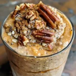['Close-up view of creamy pumpkin date overnight oats with pecans on top.', 'Side view of a bowl filled with pumpkin date overnight oats, garnished with toasted pecans.', 'Textured layers of pumpkin date overnight oats in a clear glass jar, showing ingredients.', 'Rich pumpkin date overnight oats featuring a sprinkle of cinnamon and chia seeds.']