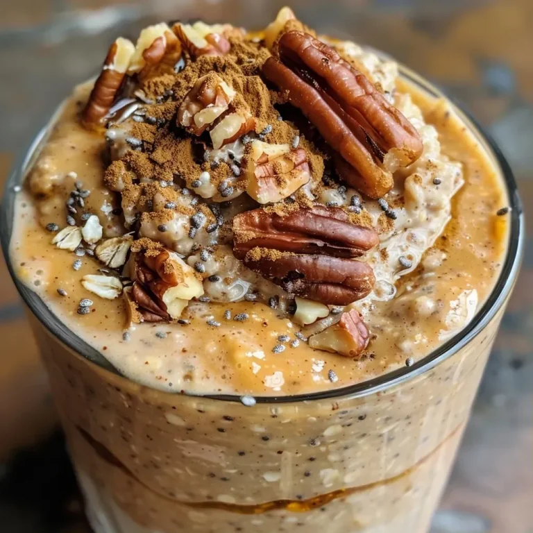 ['Close-up view of creamy pumpkin date overnight oats with pecans on top.', 'Side view of a bowl filled with pumpkin date overnight oats, garnished with toasted pecans.', 'Textured layers of pumpkin date overnight oats in a clear glass jar, showing ingredients.', 'Rich pumpkin date overnight oats featuring a sprinkle of cinnamon and chia seeds.']