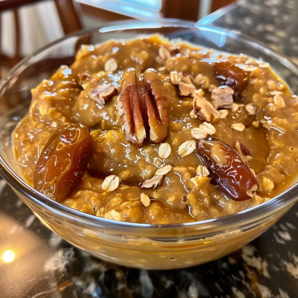 ['Close-up view of creamy pumpkin date overnight oats with pecans on top.', 'Side view of a bowl filled with pumpkin date overnight oats, garnished with toasted pecans.', 'Textured layers of pumpkin date overnight oats in a clear glass jar, showing ingredients.', 'Rich pumpkin date overnight oats featuring a sprinkle of cinnamon and chia seeds.']