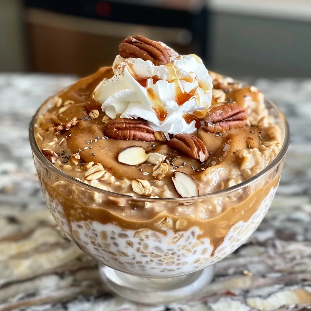 ['A close-up view of Pumpkin Pie Overnight Oats topped with whipped cream and chopped pecans.', 'Side view of a bowl of Pumpkin Pie Overnight Oats with granola and pumpkin pie spices.', 'Creamy Pumpkin Pie Overnight Oats garnished with chopped nuts and a dollop of yogurt.', 'Delicious Pumpkin Pie Overnight Oats in a glass, showcasing layered oats and pumpkin puree.']