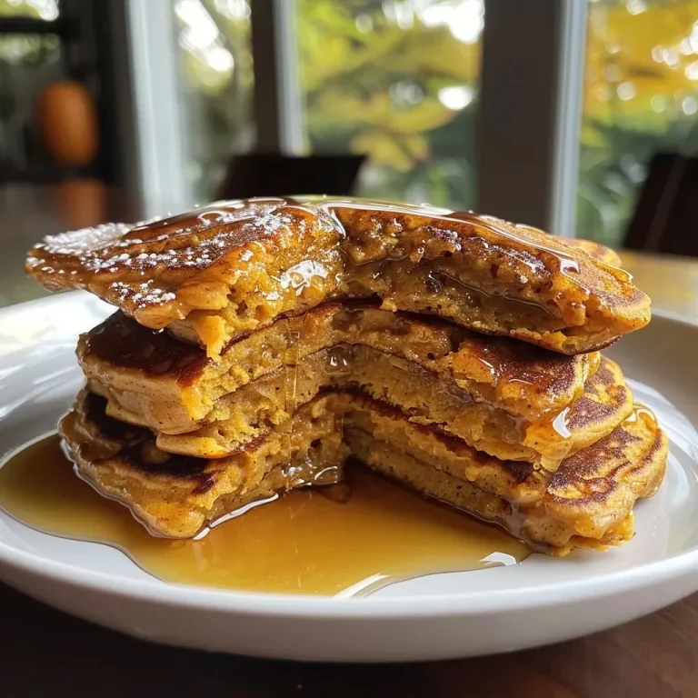 ['A close-up side view of fluffy pumpkin protein pancakes topped with syrup and chocolate chips.', 'Juicy pumpkin protein pancakes with a warm, golden-brown texture, garnished with chocolate chips.', "A plate of pumpkin protein pancakes served with maple syrup, highlighting the pancake's fluffy layers.", 'Side view of delicious pumpkin protein pancakes showcasing their rich texture and chocolate chip mix-ins.']
