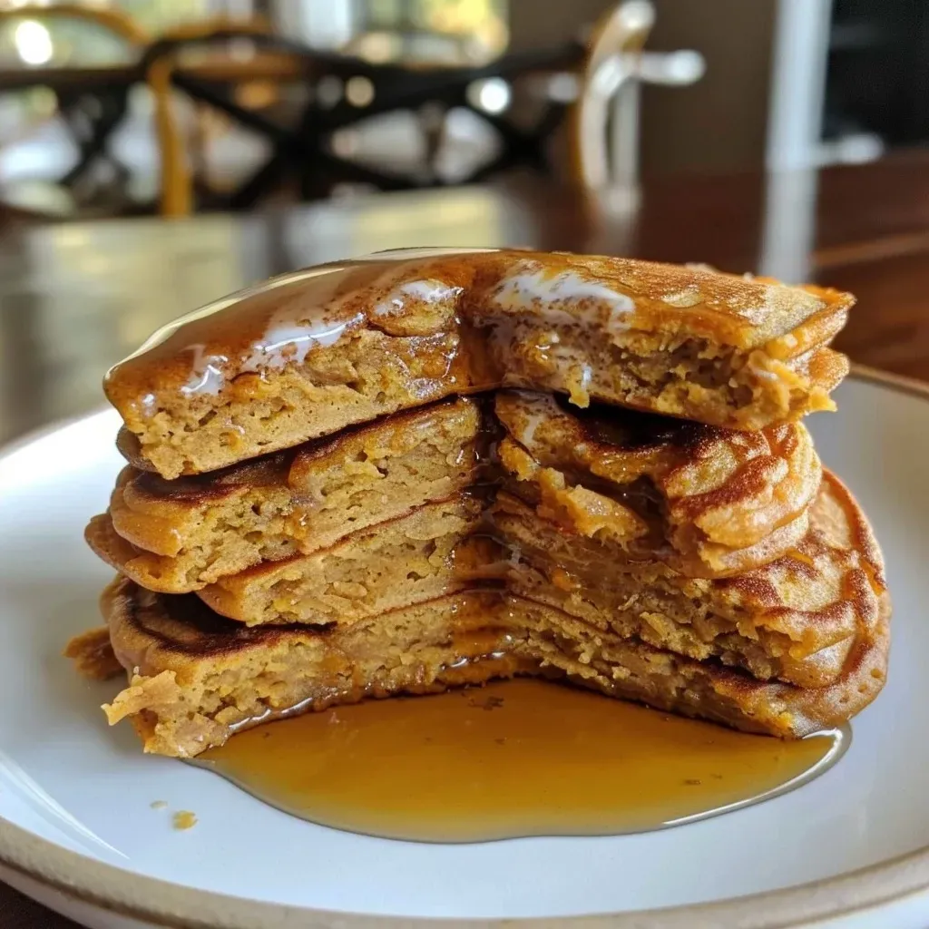 ['A close-up side view of fluffy pumpkin protein pancakes topped with syrup and chocolate chips.', 'Juicy pumpkin protein pancakes with a warm, golden-brown texture, garnished with chocolate chips.',