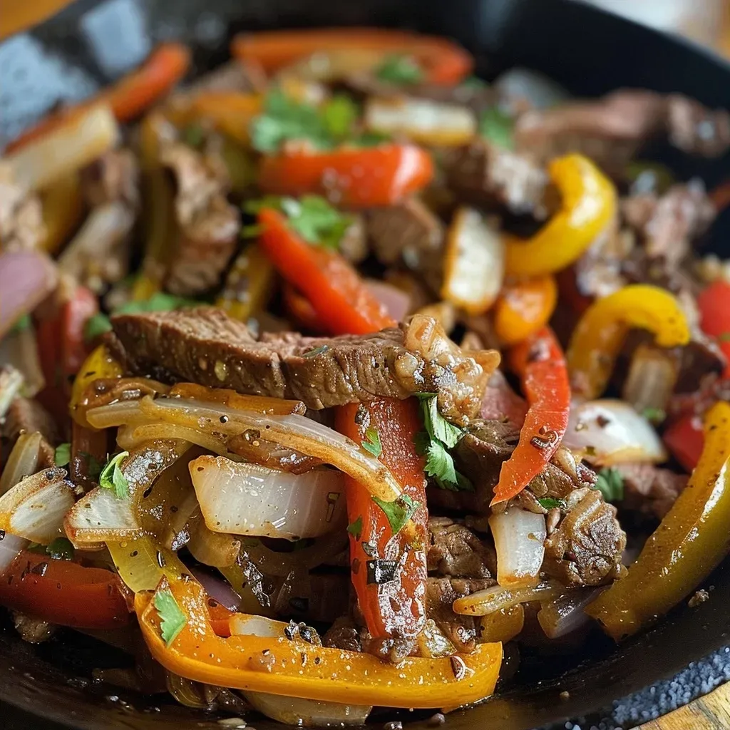 Close-up view of a sizzling Queso Steak Fajita Skillet with colorful bell peppers and melted cheese.