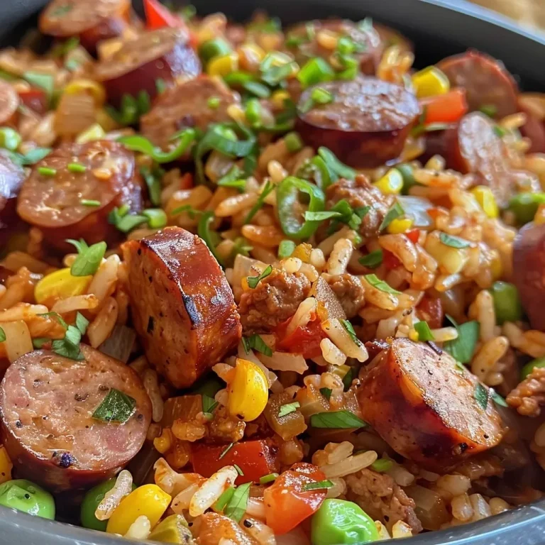 ['Juicy smoked beef sausage and rice dish garnished with chopped parsley in a close-up view.', 'A side view of One Pot Smoked Beef Sausage & Rice in a bowl, showcasing vibrant bell peppers and herbs.', 'Close-up of a hearty One Pot meal with smoked sausage, rice, and colorful vegetables, ready to serve.', 'Close-up photo of a delicious pot of smoked beef sausage and rice, highlighting the ingredients and textures.']