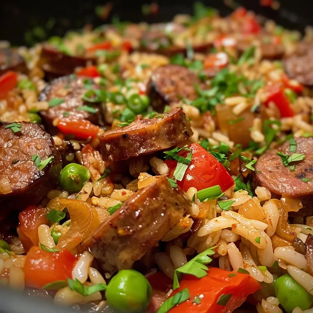 ['Juicy smoked beef sausage and rice dish garnished with chopped parsley in a close-up view.', 'A side view of One Pot Smoked Beef Sausage & Rice in a bowl, showcasing vibrant bell peppers and herbs.', 'Close-up of a hearty One Pot meal with smoked sausage, rice, and colorful vegetables, ready to serve.', 'Close-up photo of a delicious pot of smoked beef sausage and rice, highlighting the ingredients and textures.']