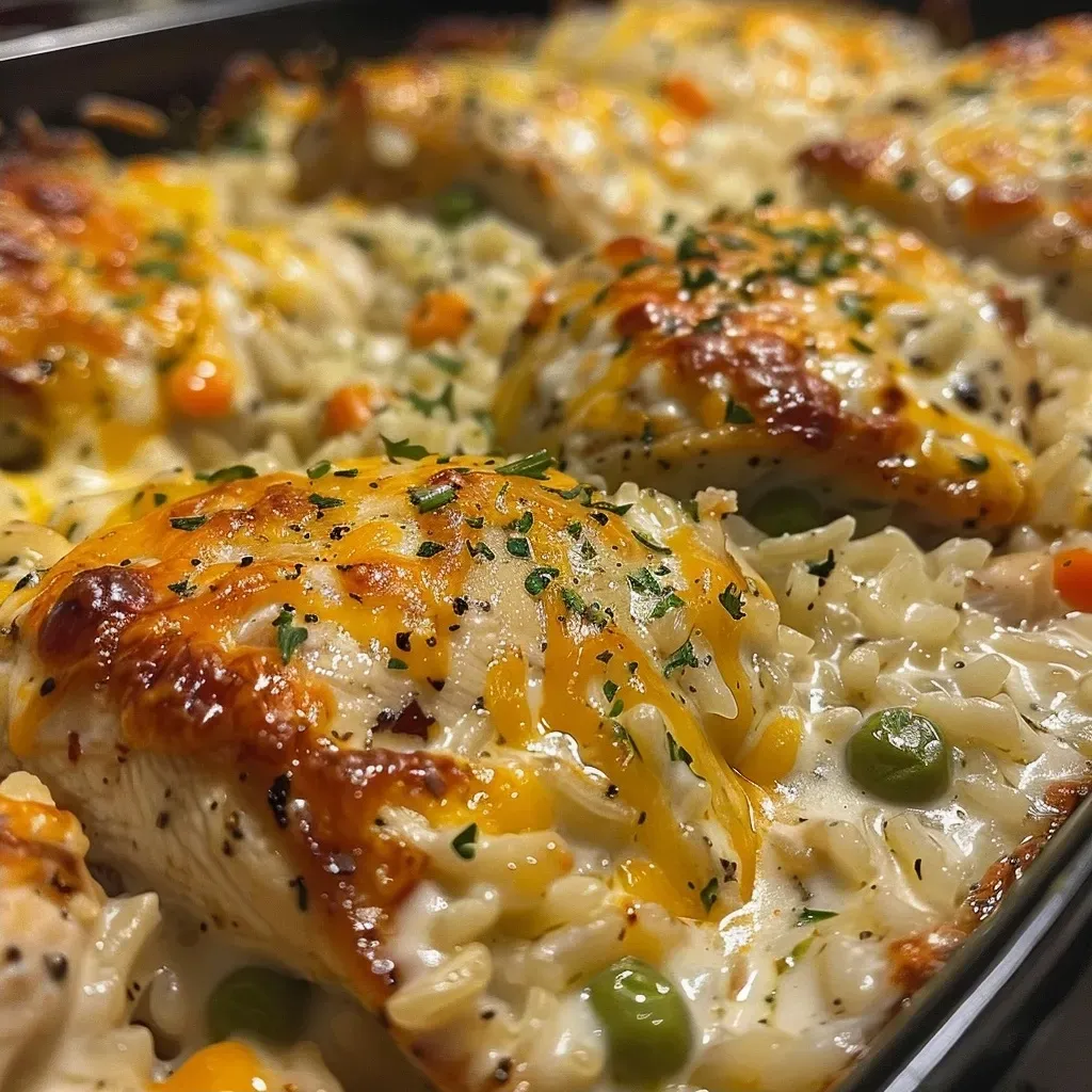 ['Juicy Ranch Chicken & Rice Bake with mixed vegetables in a creamy sauce.', 'Close-up view of Ranch Chicken & Rice Bake topped with melted cheddar cheese.', 'Side view of a baked casserole featuring chicken, rice, and green vegetables.', 'Delicious Ranch Chicken & Rice Bake showcasing tender chicken and colorful veggies.']