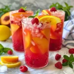 ['Close-up of a refreshing glass of Raspberry Peach Lemonade filled with ice and garnished with peach slices and mint.', 'Side view of a vibrant Raspberry Peach Lemonade with fresh raspberries floating and ice cubes inside.', 'A glass of Raspberry Peach Lemonade showing chunks of peaches and raspberries, served cold with mint sprigs.', 'Delicious Raspberry Peach Lemonade in a clear glass, highlighting fruity ingredients and condensation.']