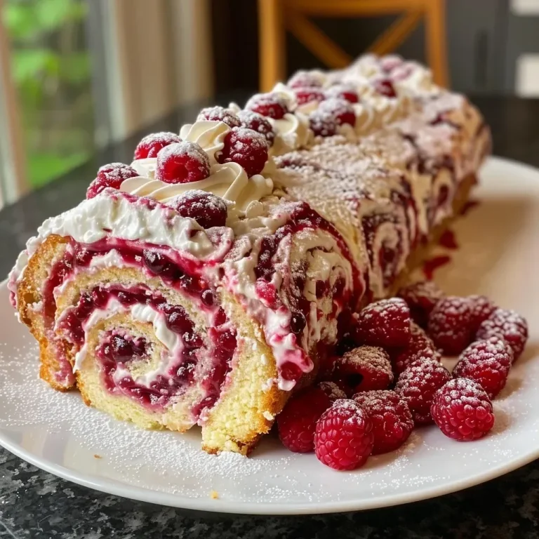 ['Close-up side view of a Raspberry Roll Cake, showcasing its vibrant red raspberry filling and fluffy texture.', 'A delicious Raspberry Roll Cake displayed from the side, revealing layers of cream and fresh raspberries.', 'Side view of a Raspberry Roll Cake, highlighting the spiral of raspberry preserves and cream.', 'Detailed view of a Raspberry Roll Cake, emphasizing its moist exterior and fresh berry topping.']