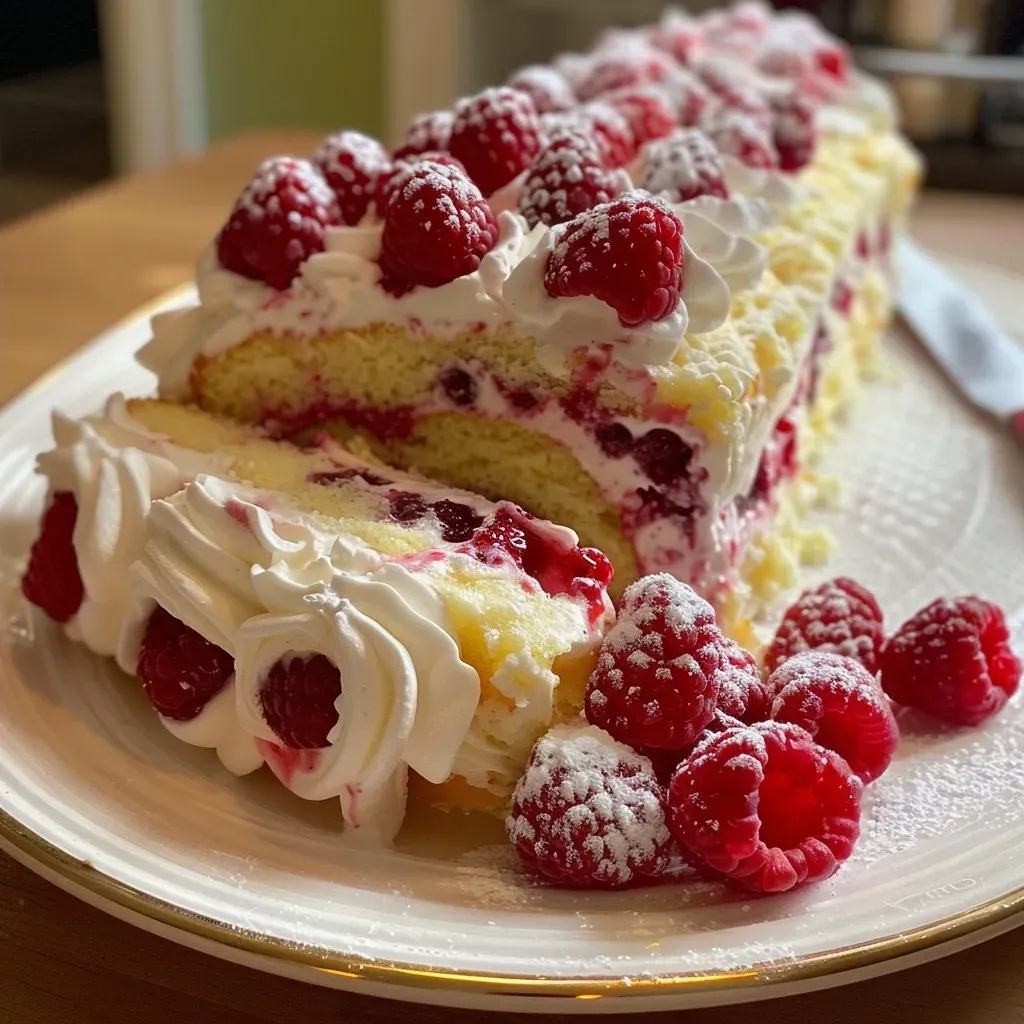 ['Close-up side view of a Raspberry Roll Cake, showcasing its vibrant red raspberry filling and fluffy texture.', 'A delicious Raspberry Roll Cake displayed from the side, revealing layers of cream and fresh raspberries.', 'Side view of a Raspberry Roll Cake, highlighting the spiral of raspberry preserves and cream.', 'Detailed view of a Raspberry Roll Cake, emphasizing its moist exterior and fresh berry topping.']