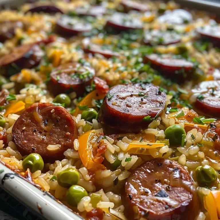 ['Close-up of a luscious sausage and rice casserole, with visible sausage slices and melted cheese.', 'Side view of a hearty sausage and rice casserole, showcasing colorful bell peppers and a cheesy top layer.', 'Juicy sausage and rice casserole with diced tomatoes and peas, captured in rich detail.', 'Vibrant sausage and rice casserole with a golden-brown cheese topping and fresh parsley garnish.']