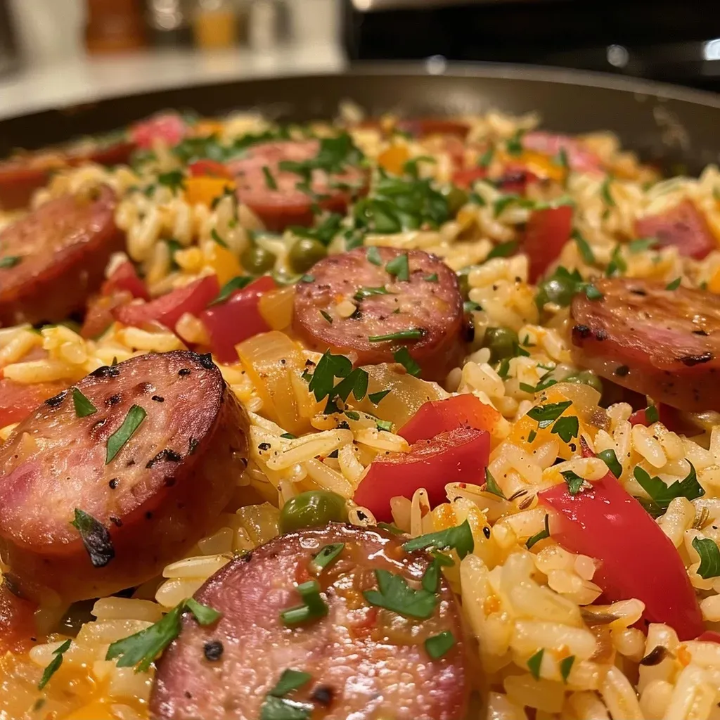 ['Close-up of a luscious sausage and rice casserole, with visible sausage slices and melted cheese.', 'Side view of a hearty sausage and rice casserole, showcasing colorful bell peppers and a cheesy top layer.', 'Juicy sausage and rice casserole with diced tomatoes and peas, captured in rich detail.', 'Vibrant sausage and rice casserole with a golden-brown cheese topping and fresh parsley garnish.']