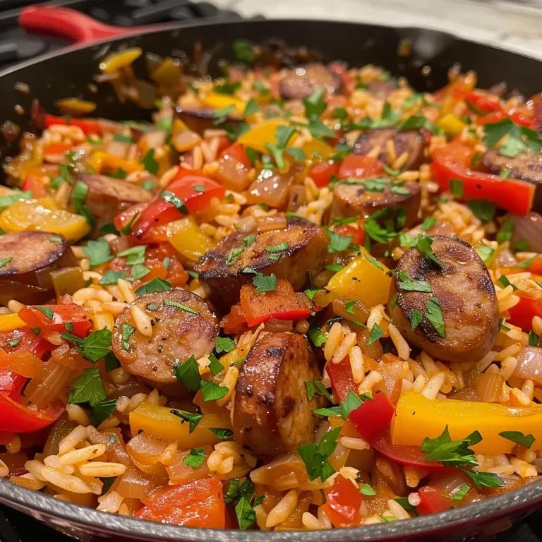 ['Close-up shot of a Sausage and Rice Skillet, showcasing juicy sausage and colorful vegetables.', 'Side view of a vibrant Sausage and Rice Skillet with sliced bell peppers and herbs.', 'Deliciously plated Sausage and Rice Skillet with smoked sausage, peppers, and garnished with parsley.', 'Juicy Sausage and Rice Skillet in a cast-iron pan, highlighting the textures of the rice and sausage.']
