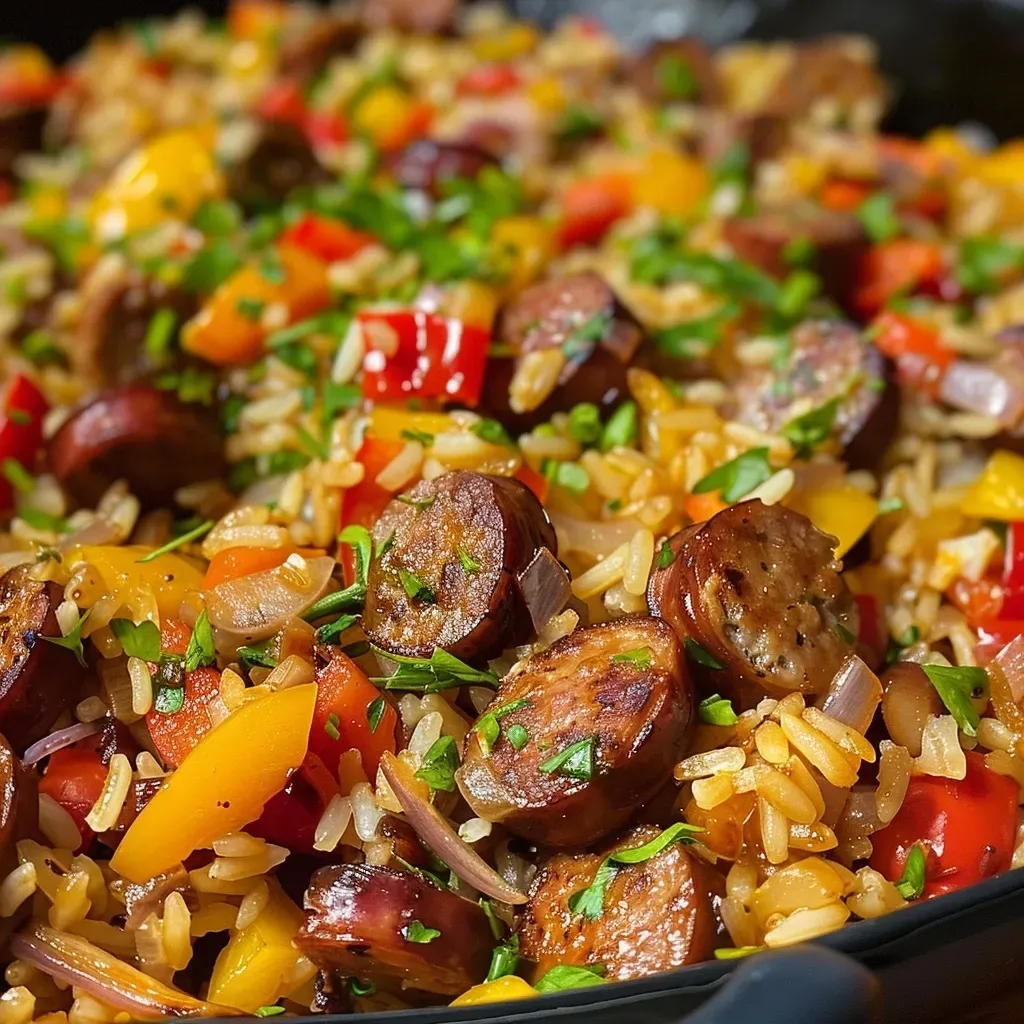Close-up shot of a Sausage and Rice Skillet, showcasing juicy sausage and colorful vegetables.