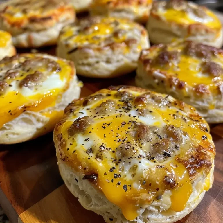 ['Close-up view of biscuit cups filled with sausage, egg, and cheese.', 'Side view of delicious Sausage Egg and Cheese Biscuit Cups on a plate.', 'Juicy biscuit cups topped with melted cheese and sausage, served warm.', 'Homemade Sausage Egg and Cheese Biscuit Cups displayed on a wooden table.']