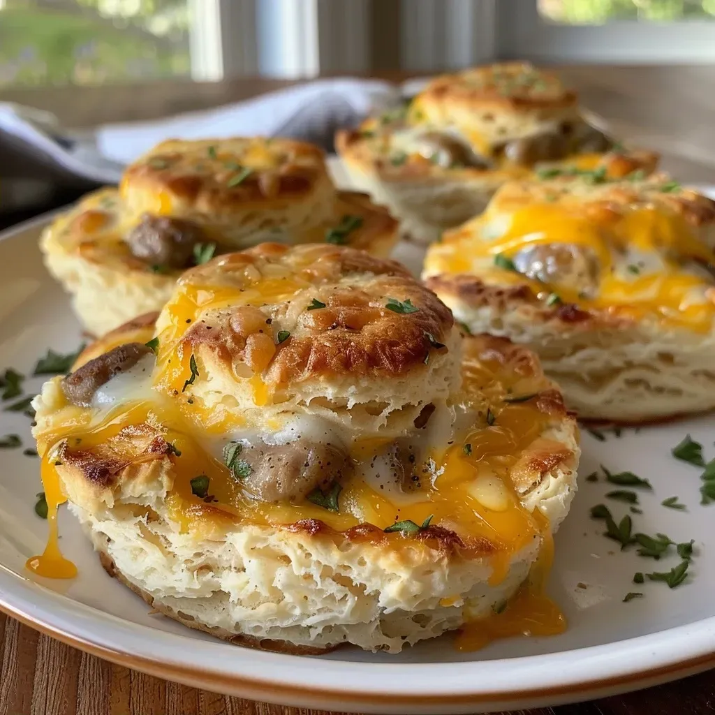 ['Close-up view of biscuit cups filled with sausage, egg, and cheese.', 'Side view of delicious Sausage Egg and Cheese Biscuit Cups on a plate.', 'Juicy biscuit cups topped with melted cheese and sausage, served warm.', 'Homemade Sausage Egg and Cheese Biscuit Cups displayed on a wooden table.']