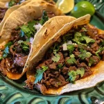 ['Close-up view of savory beef tacos filled with beef, cheese, and garnishes.', 'Juicy beef tacos presented with fresh cilantro and lime, showcasing vibrant colors.', 'Side view of delicious beef tacos topped with shredded cheese and chopped onions.', 'Tantalizing beef tacos with rich fillings and garnishes, served on a wooden platter.']