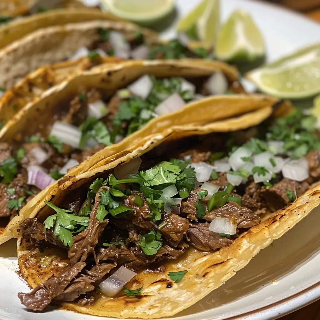 ['Close-up view of savory beef tacos filled with beef, cheese, and garnishes.', 'Juicy beef tacos presented with fresh cilantro and lime, showcasing vibrant colors.', 'Side view of delicious beef tacos topped with shredded cheese and chopped onions.', 'Tantalizing beef tacos with rich fillings and garnishes, served on a wooden platter.']