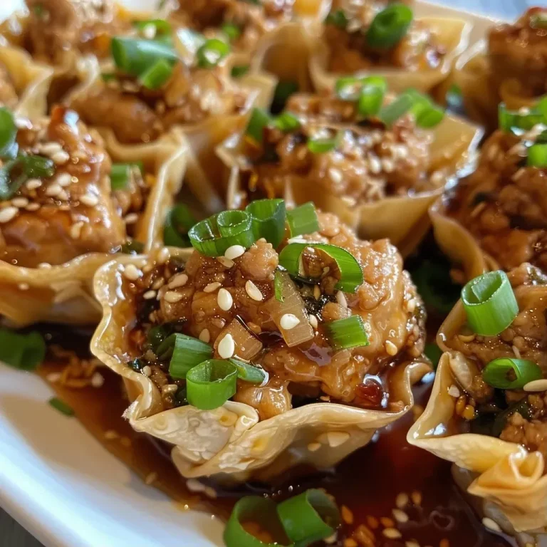 ['Close-up view of crispy chicken wonton cups filled with ground chicken and garnished with green onions and sesame seeds.', 'Side angle of savory chicken wonton cups showcasing their golden crispy edges and vibrant filling.', 'Juicy chicken wonton cups arranged neatly, topped with cilantro and sesame seeds, highlighting their delicious texture.', 'Delicious wonton cups filled with ground chicken and garnished with fresh herbs, displaying a golden-brown appearance.']